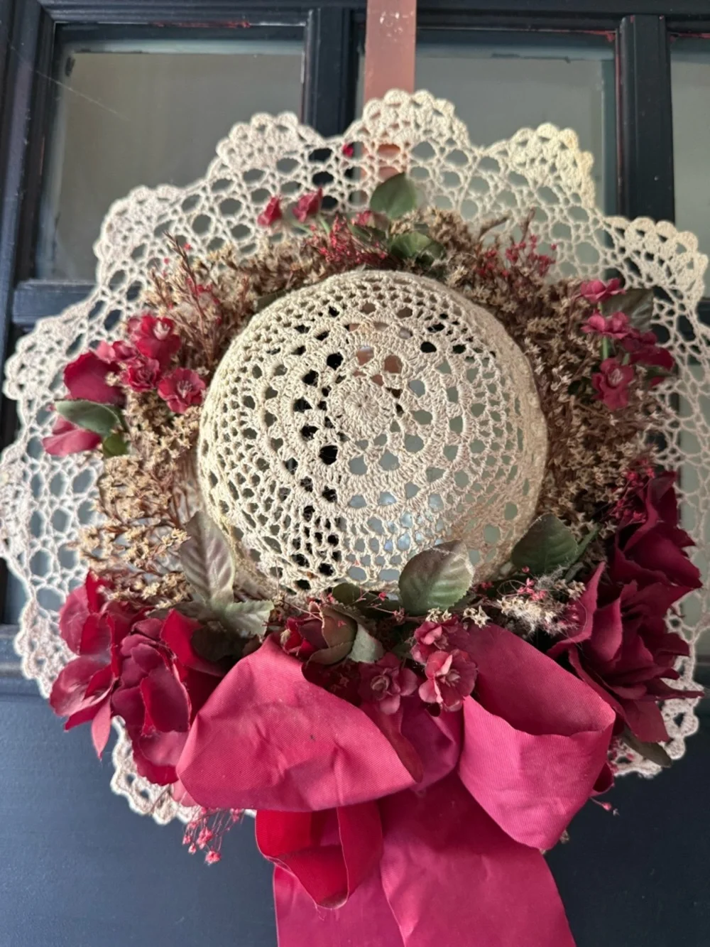 Vintage Handcrafted Cream Crochet Straw Hat Wreath with Deep Pink Floral Ribbon